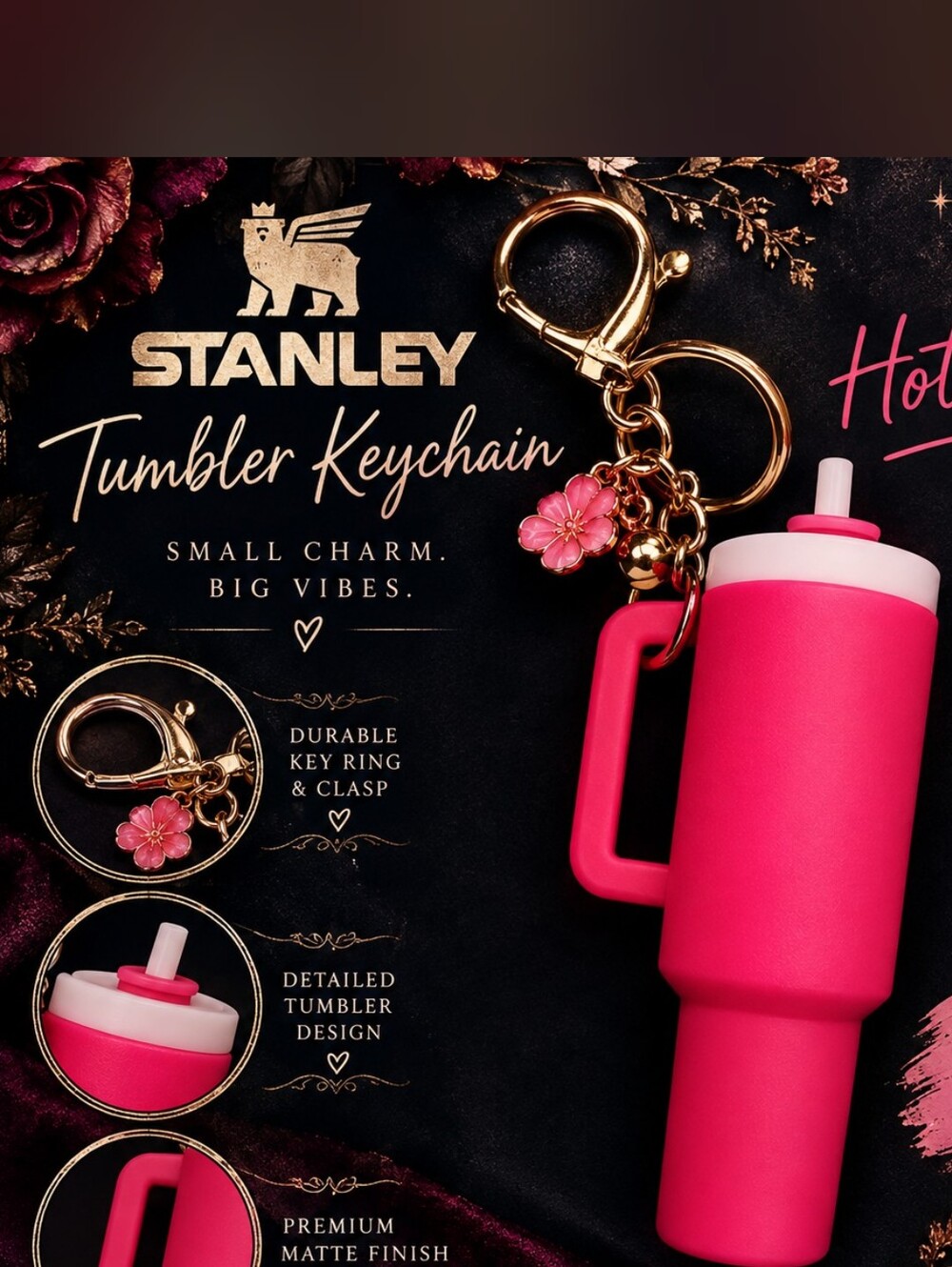 Hot Pink Stanley Style Tumbler Keychain with Gold Hardware!!